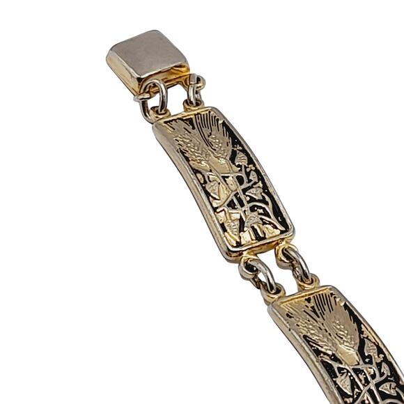 Vintage Wheat Themed Damascene Gold Tone Black Enamel Links Bracelet - 7 Inches - Picture 10 of 11